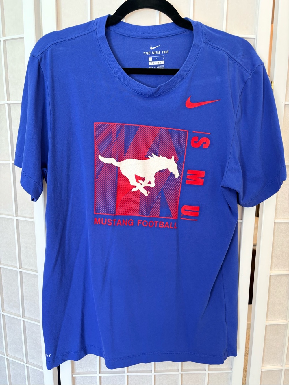 Nike Royal Blue Mustang Football Graphic Tee with Red Accents